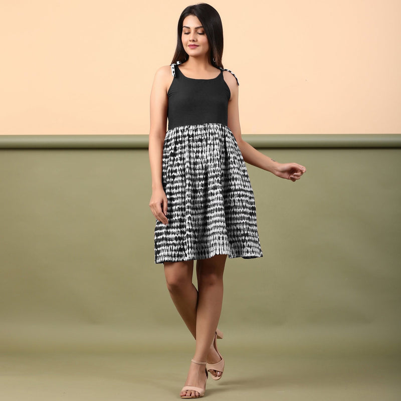 Black Cotton Tie-Dye Gathered Short Dress