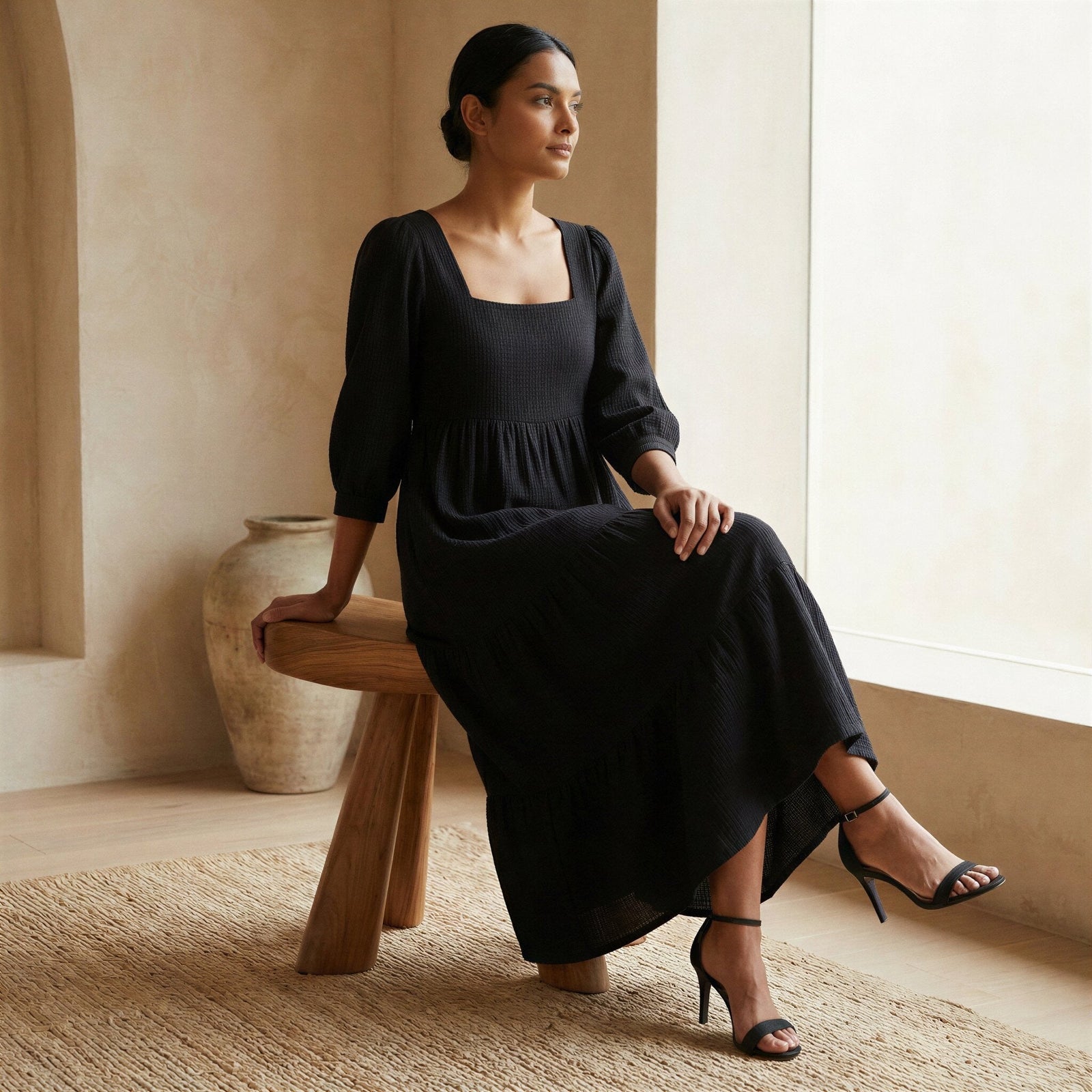 Buy Black Cotton Waffle Square Neck Tiered Midi Dress Online at SeamsFriendly