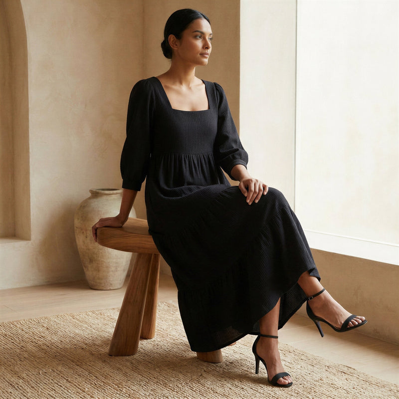 square neck cotton midi dress Buy Black Cotton Waffle Square Neck Tiered Midi Dress Online at  SeamsFriendly