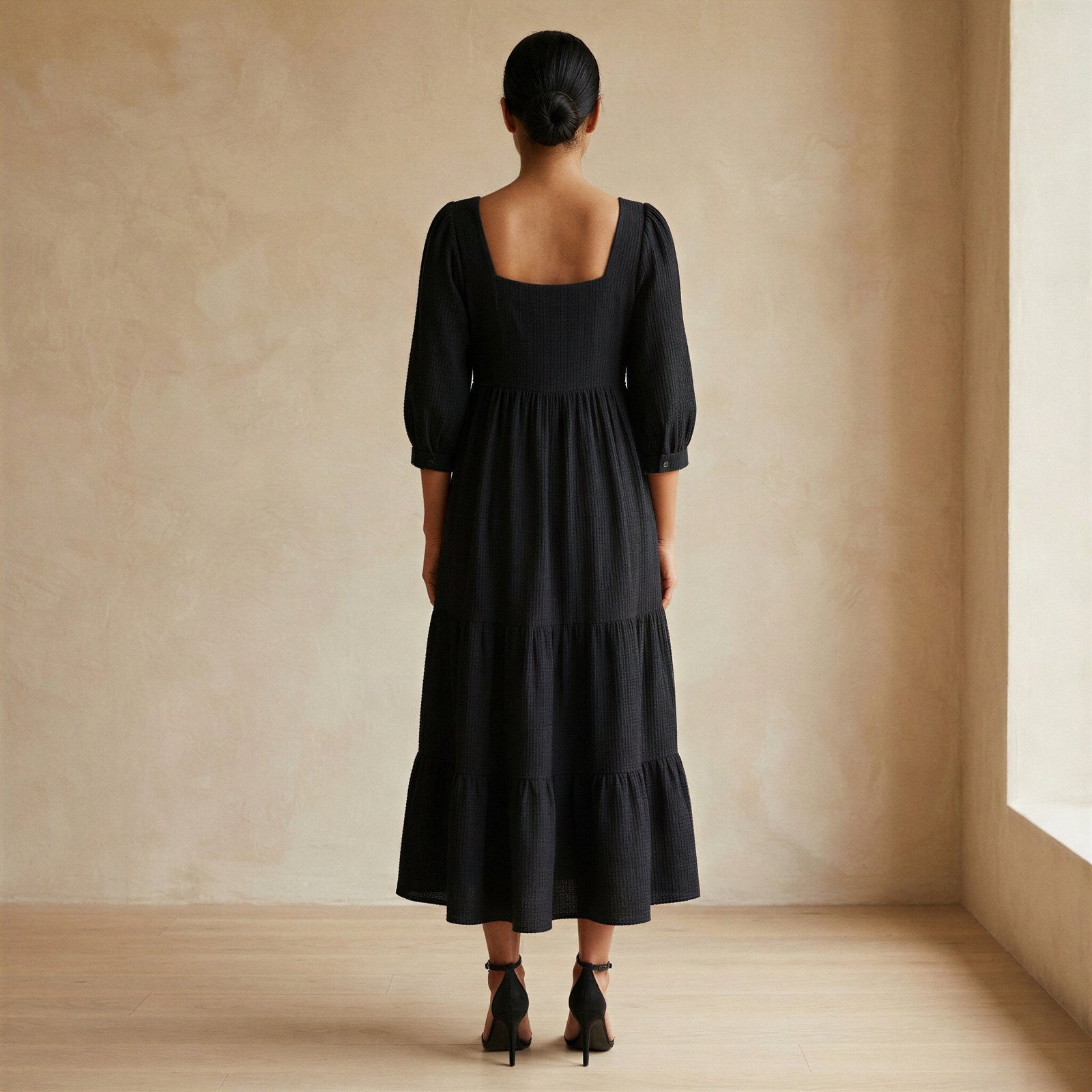 Black Cotton Waffle Square Neck Tiered Midi Dress 38