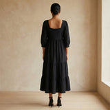 Black Cotton Waffle Square Neck Tiered Midi Dress