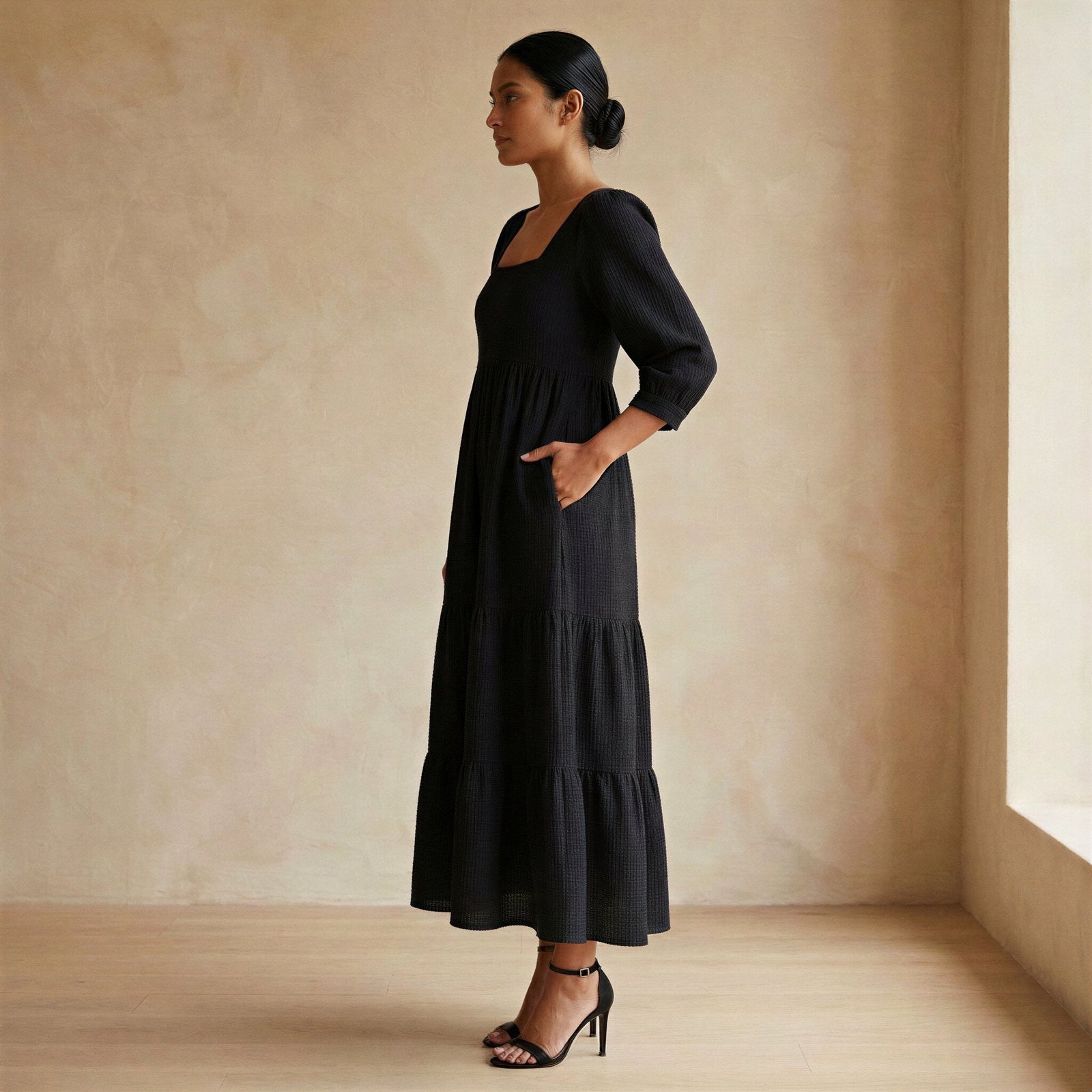 cotton knit tiered dress Black Waffle Square Neck Midi 38