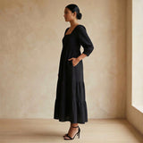 Black Cotton Waffle Square Neck Tiered Midi Dress