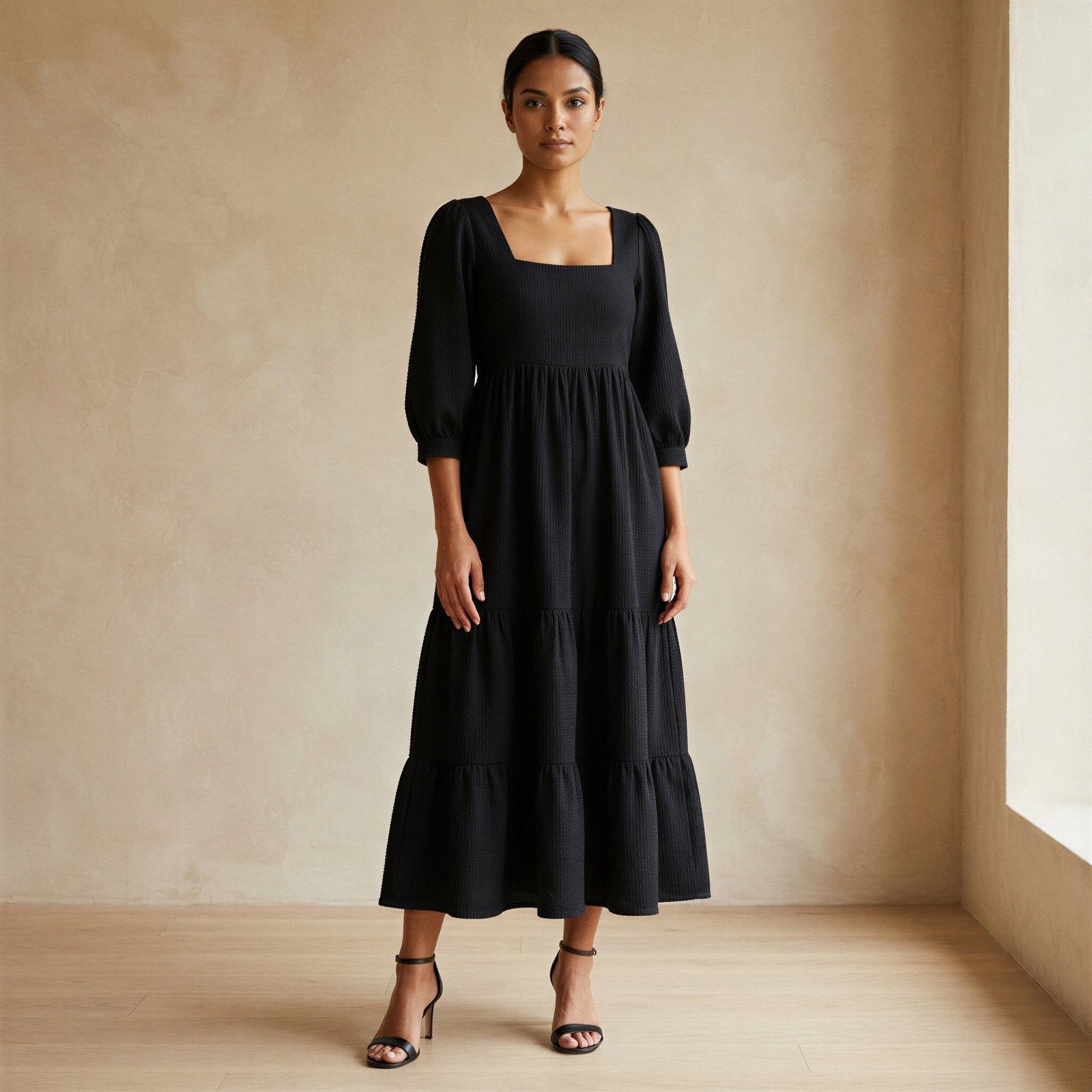 Buy Black Cotton Waffle Square Neck Tiered Midi Dress Online at