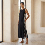 Black Cotton Wavy Stripe Maxi Shift Dress