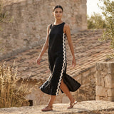 Black Cotton Wavy Stripe Maxi Shift Dress