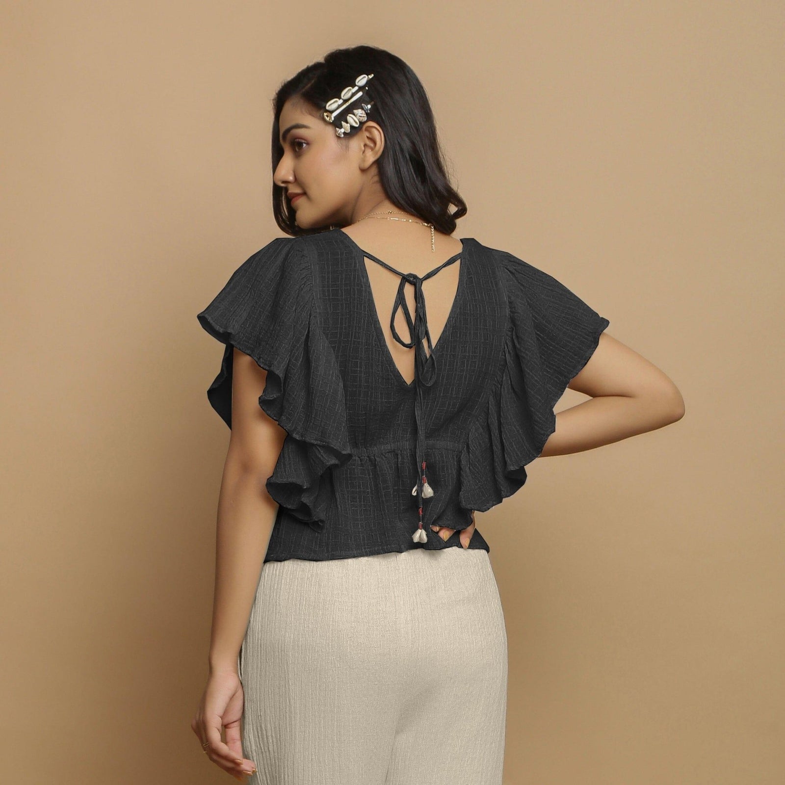 Buy Black Crinkled Cotton Butterfly Sleeves Crop Top Online at 