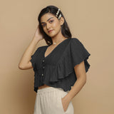 Black Crinkled Cotton Butterfly Sleeves Crop Top