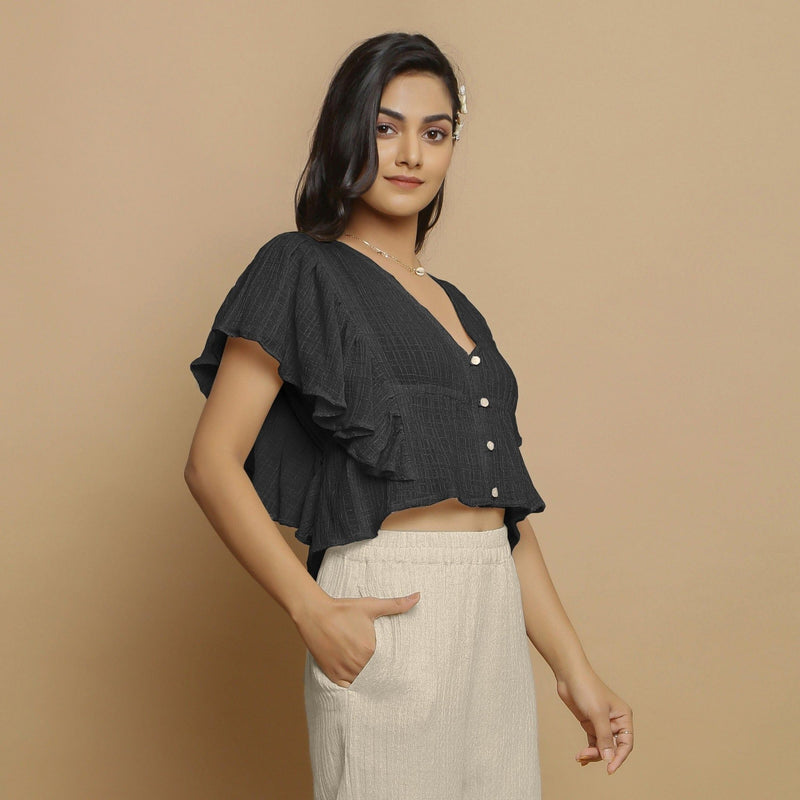 Black Crinkled Cotton Butterfly Sleeves Crop Top