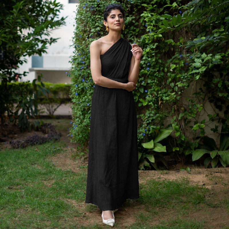 Black Crinkled Cotton Flax Boho Infinity Drape Gown with Matching Tube 62" / Petite (5'1" and below) Black Crinkled Cotton Flax Boho Infinity Drape Gown with Matching Tube 62" / Petite (5'1" and below)