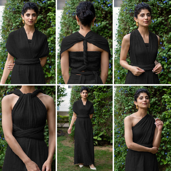 Black Crinkled Cotton Flax Boho Infinity Drape Gown with Matching Tube