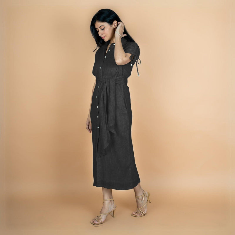 Black Crinkled Cotton Flax Boho Maxi Button-Down Shirt Dress