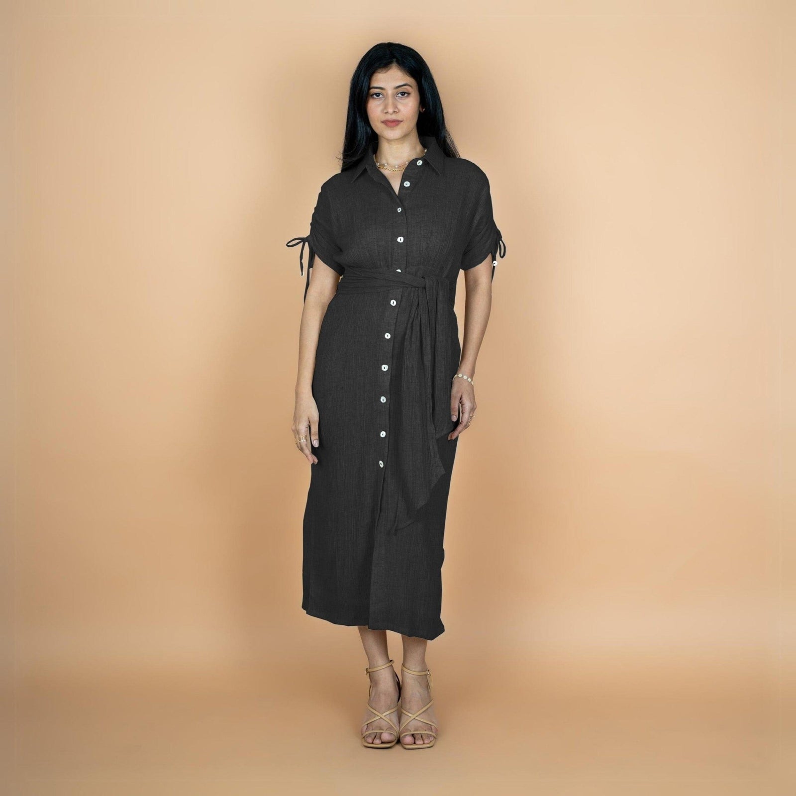 Black Crinkled Cotton Flax Boho Maxi Button-Down Shirt Dress 62