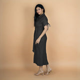 Black Crinkled Cotton Flax Boho Maxi Button-Down Shirt Dress