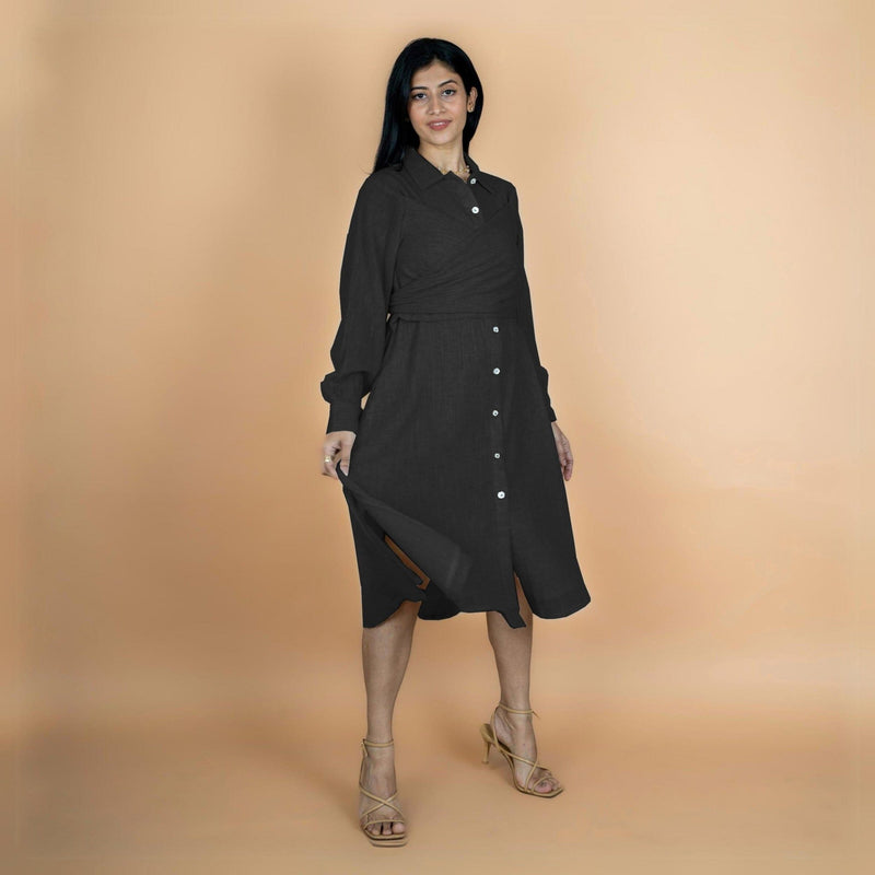 Black Crinkled Cotton Flax Button-Down Midi Wrap Dress