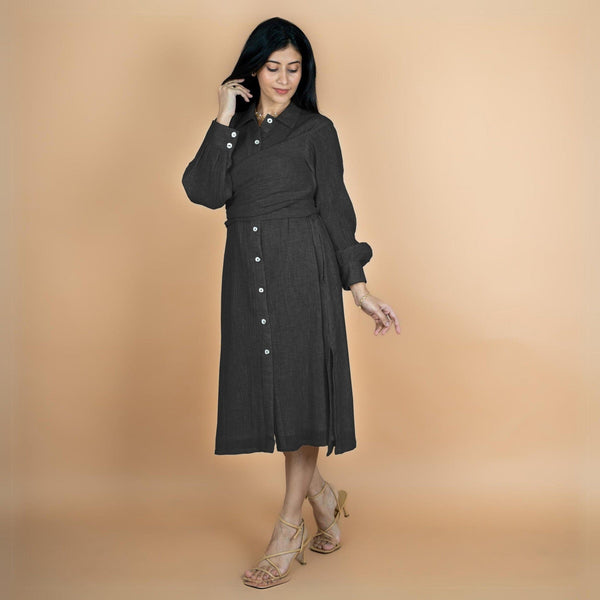 Black Crinkled Cotton Flax Button-Down Midi Wrap Dress