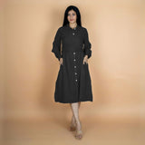 Black Crinkled Cotton Flax Button-Down Midi Wrap Dress