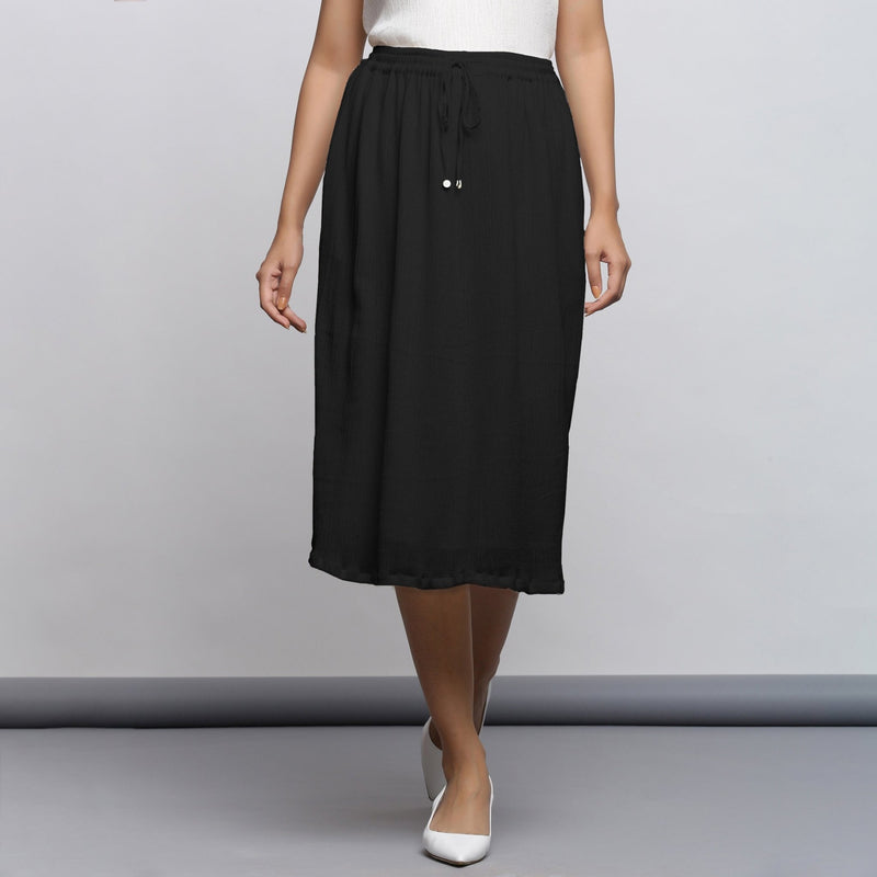 Black Crinkled Cotton Flax Elasticated Flared Midi Skirt