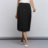 Black Crinkled Cotton Flax Elasticated Flared Midi Skirt
