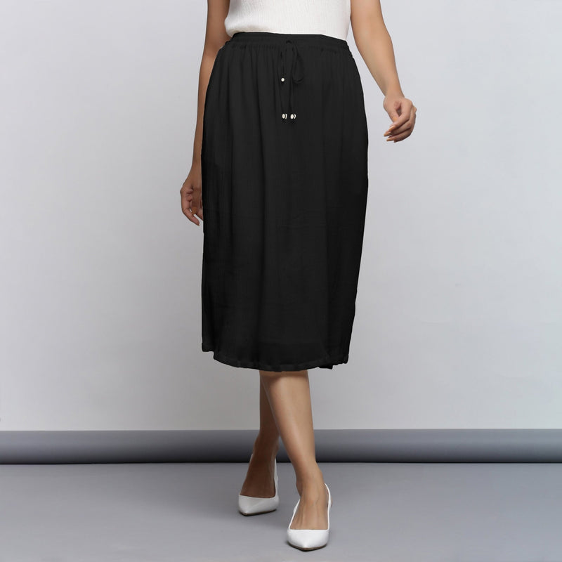 Black Crinkled Cotton Flax Elasticated Flared Midi Skirt
