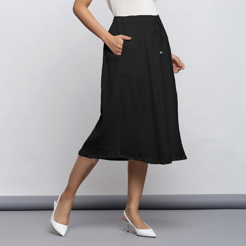 Black Crinkled Cotton Flax Elasticated Flared Midi Skirt