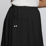 Black Crinkled Cotton Flax Elasticated Flared Midi Skirt