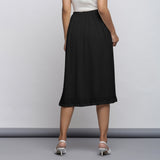 Black Crinkled Cotton Flax Elasticated Flared Midi Skirt