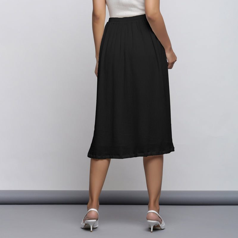 Black Crinkled Cotton Flax Elasticated Flared Midi Skirt