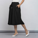 Black Crinkled Cotton Flax Elasticated Flared Midi Skirt