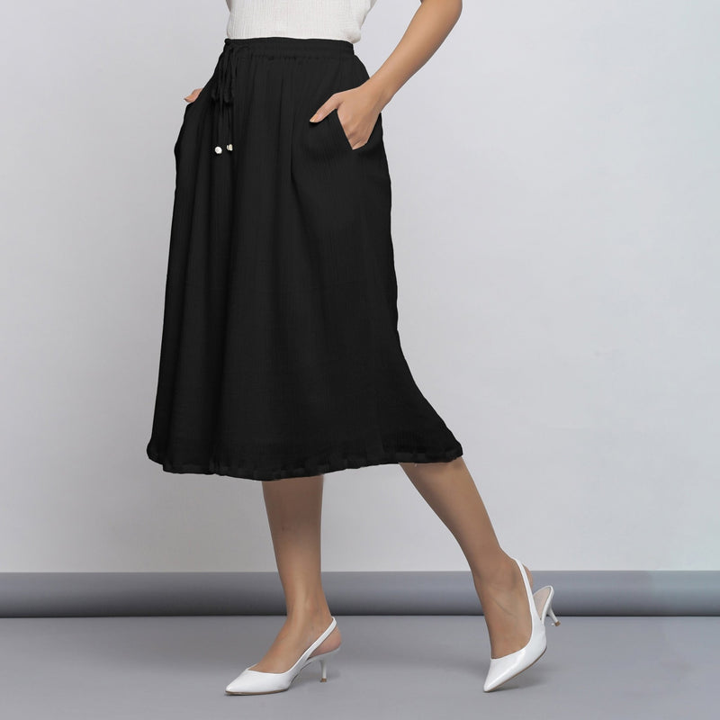 Black Crinkled Cotton Flax Elasticated Flared Midi Skirt