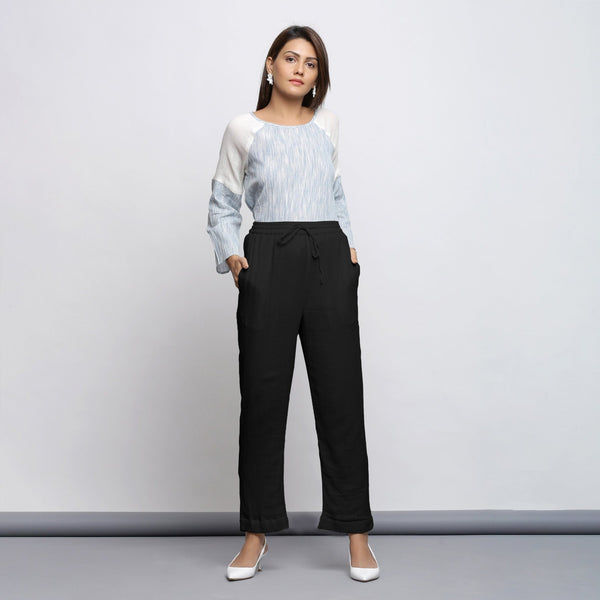Black Crinkled Cotton Flax Elasticated Mid-Rise Tapered Pant