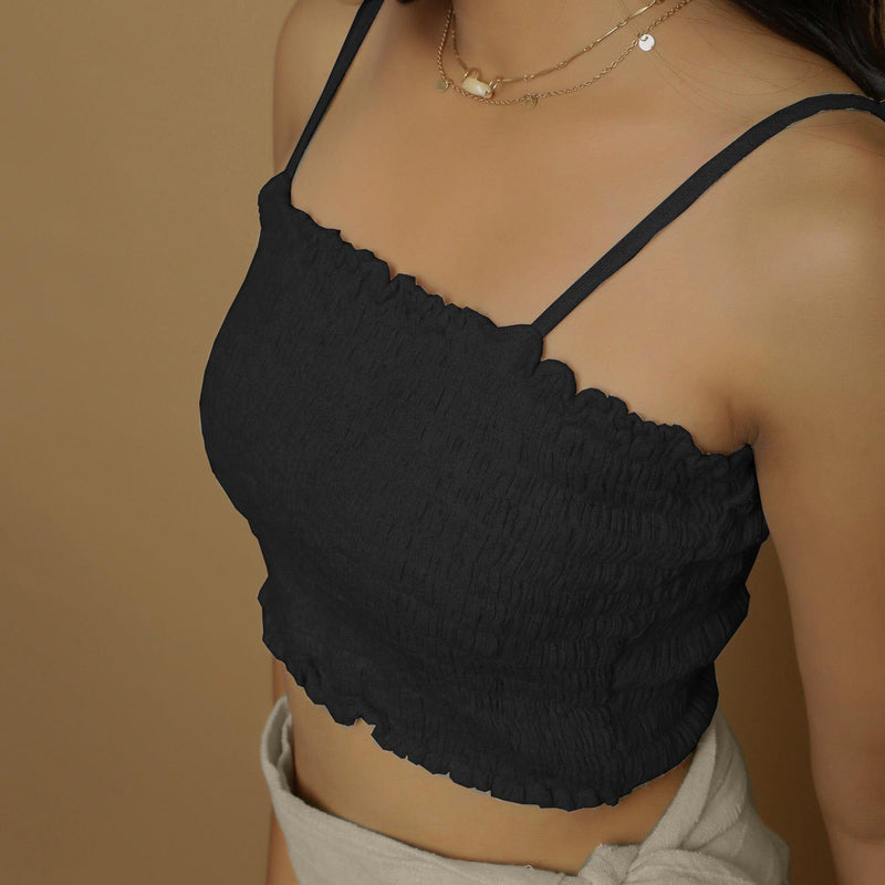 Black Crinkled Cotton Flax Elasticated Tube Top