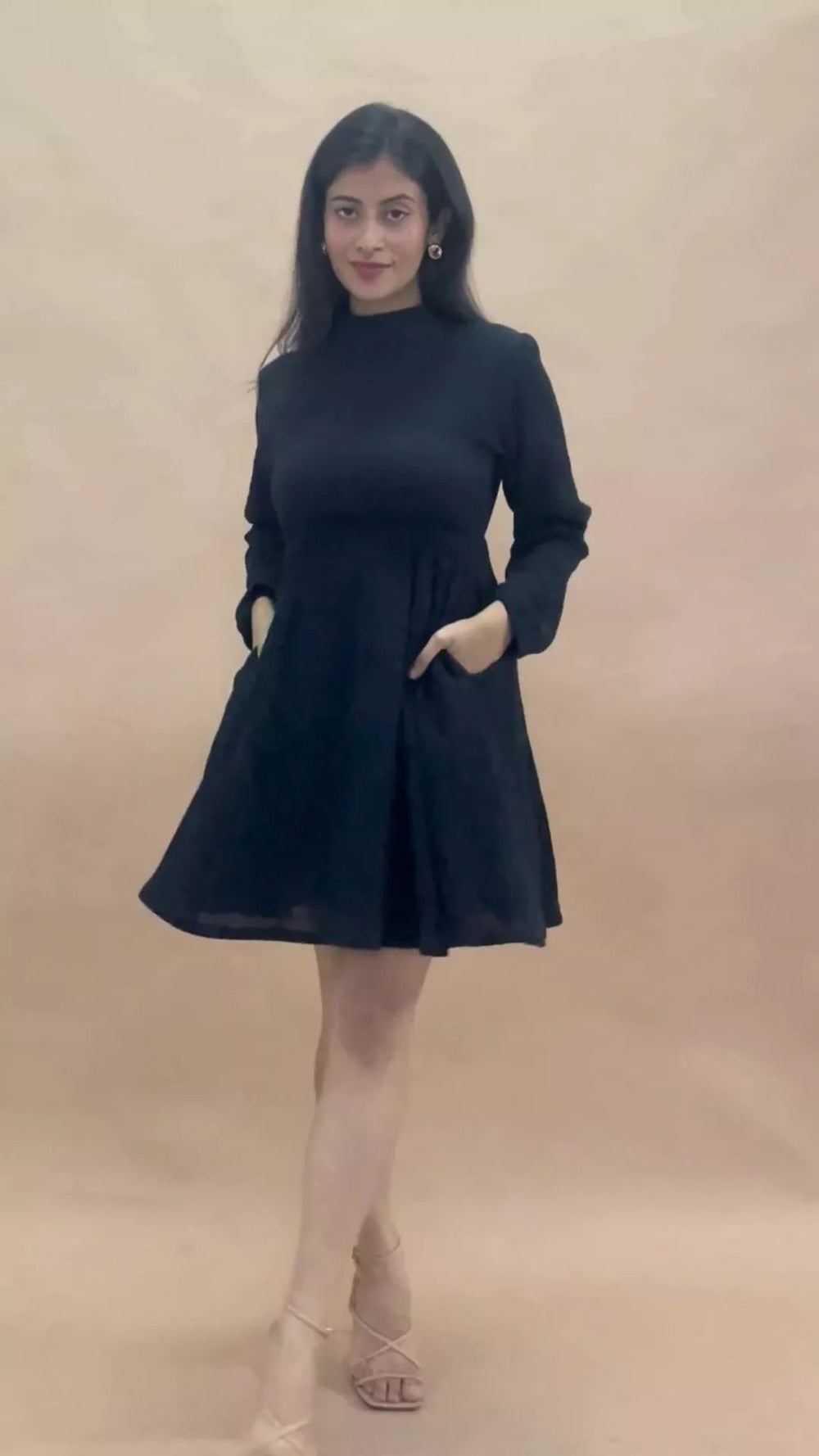 Black Crinkled Cotton Flax Fit and Flare Short Empire Dress 46" / Regular (5'2" - 5'6") Black Crinkled Cotton Flax Fit and Flare Short Empire Dress 46" / Regular (5'2" - 5'6")