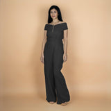 Black Crinkled Cotton Flax Flared Off-Shoulder Sleeveless Jumpsuit