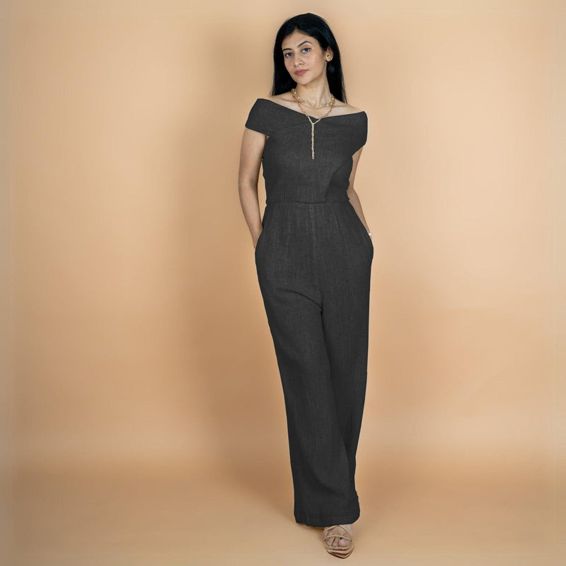 Black Crinkled Cotton Flax Flared Off-Shoulder Sleeveless Jumpsuit