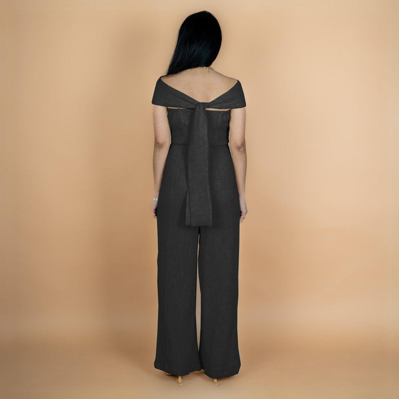 Black Crinkled Cotton Flax Flared Off-Shoulder Sleeveless Jumpsuit