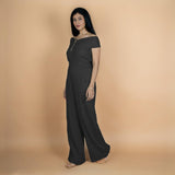 Black Crinkled Cotton Flax Flared Off-Shoulder Sleeveless Jumpsuit