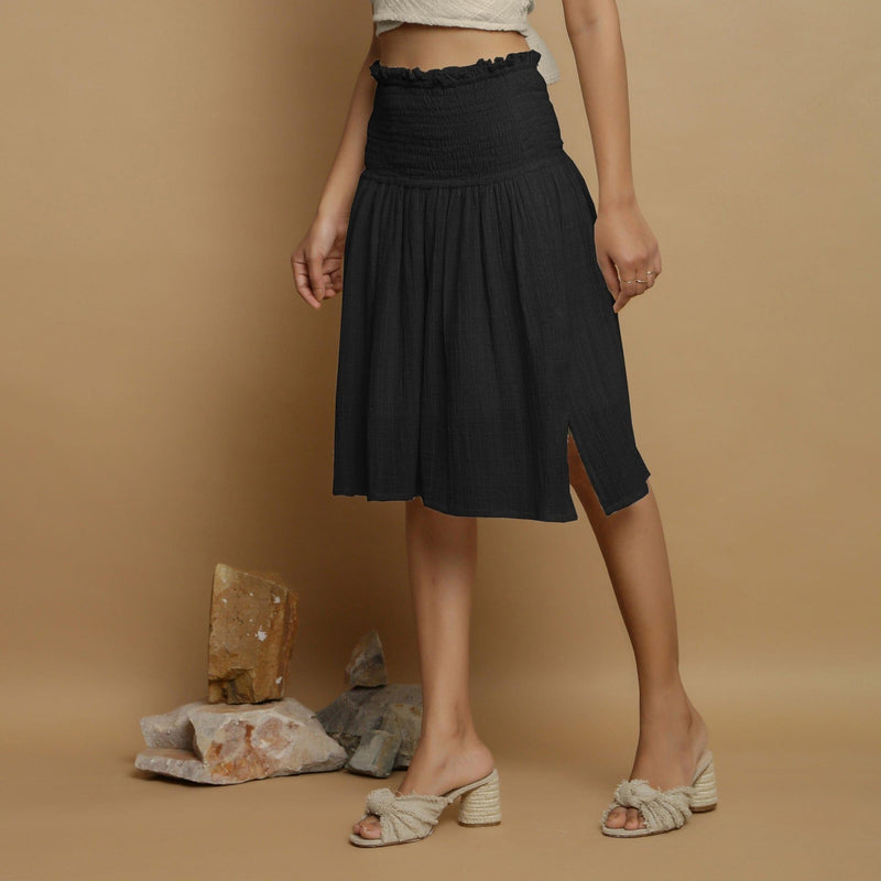 Black Crinkled Cotton Flax Frilled Knee Length Skirt