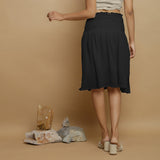 Black Crinkled Cotton Flax Frilled Knee Length Skirt