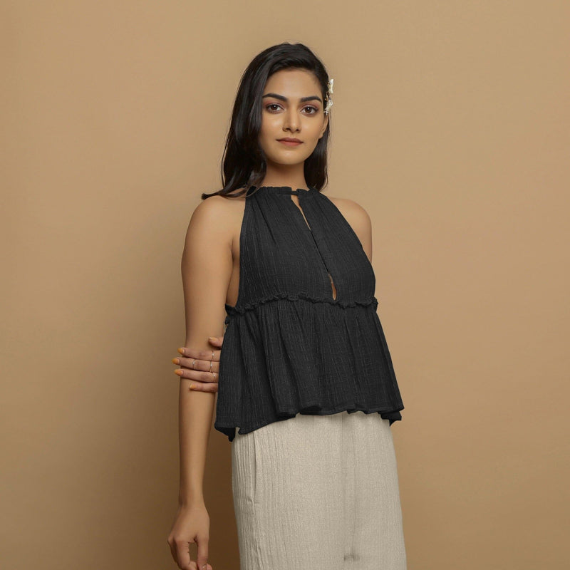 Black Crinkled Cotton Flax Halter Neck Flared Top