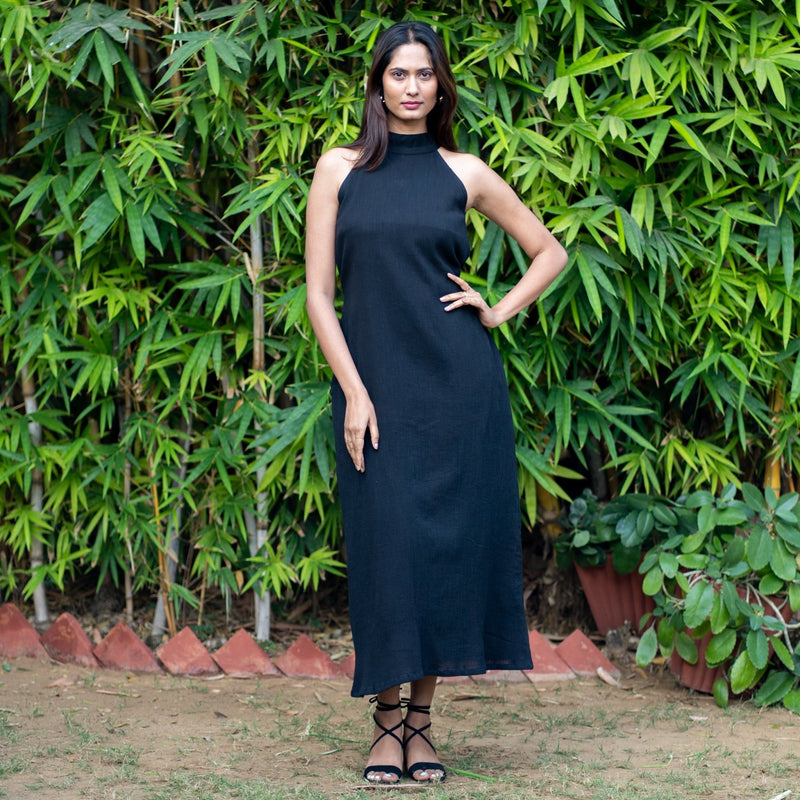 Black Crinkled Cotton Flax Halter Neck Maxi Dress