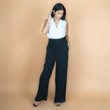 Black Crinkled Cotton Flax High-Rise Flared Pant