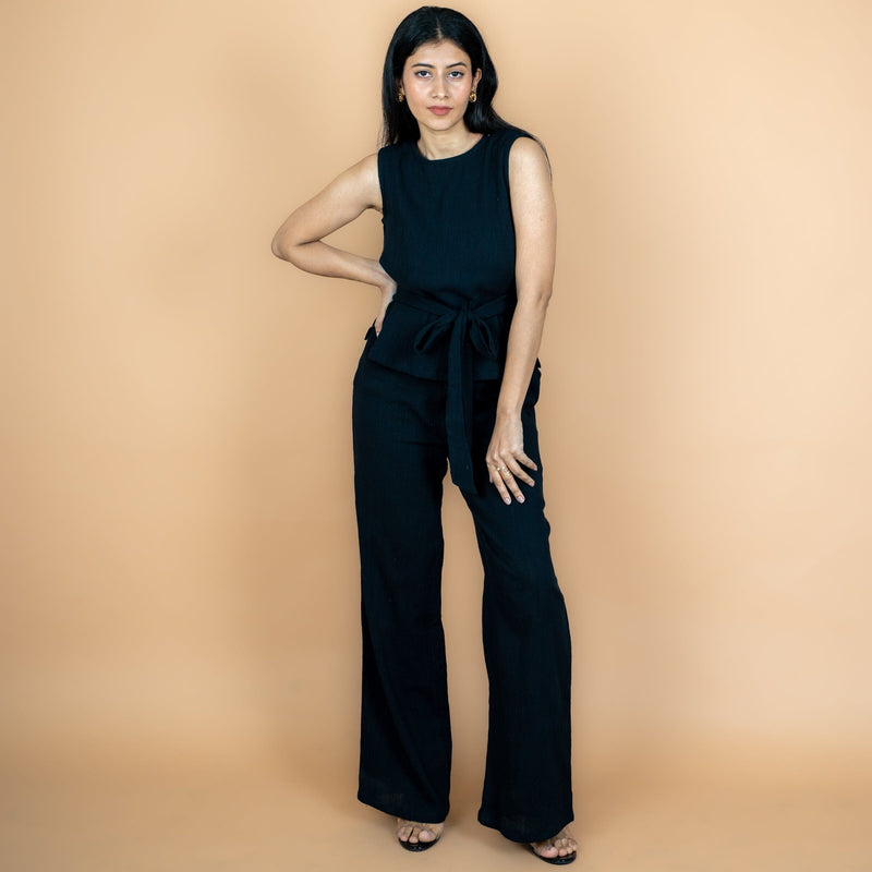 Black Crinkled Cotton Flax High-Rise Flared Pant
