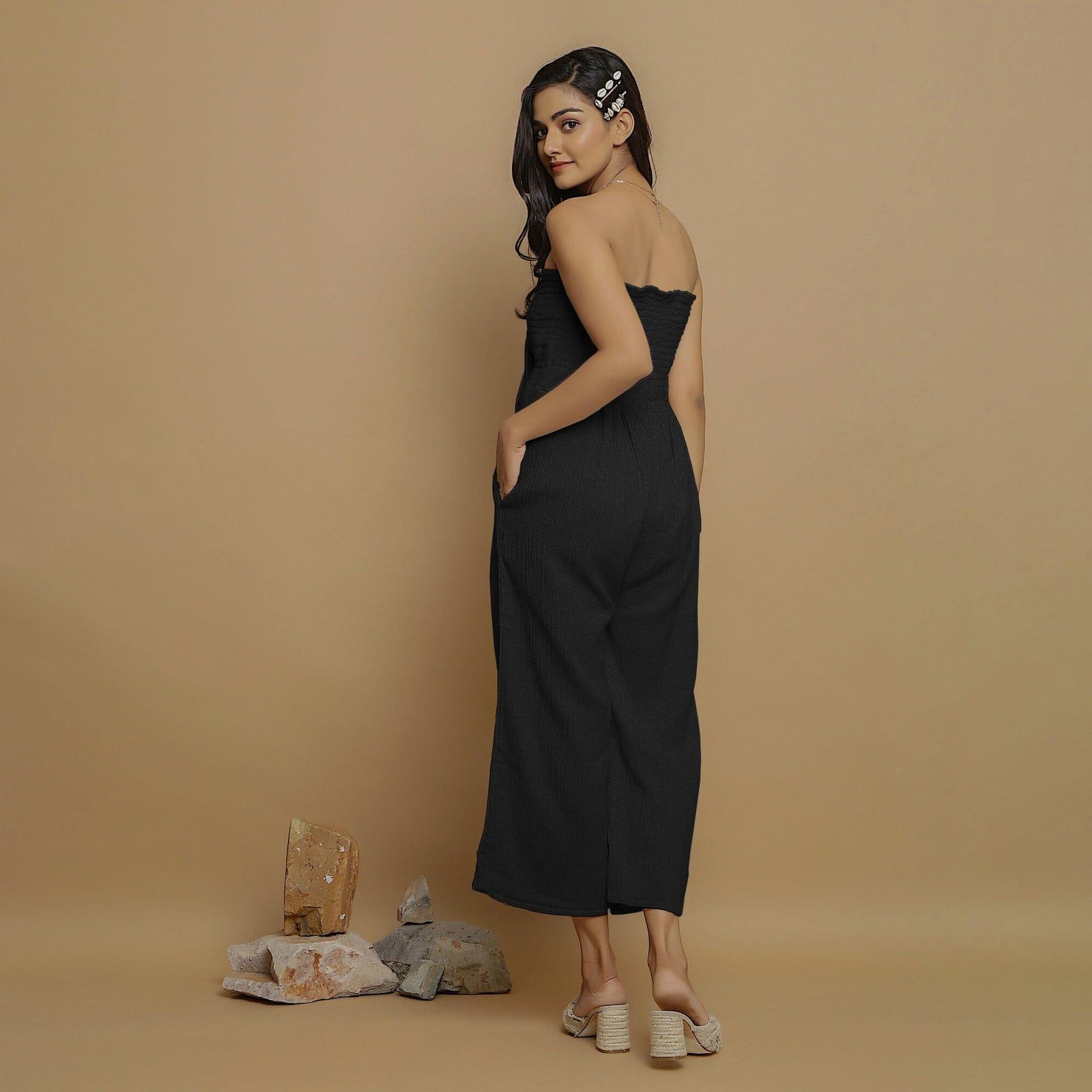 Buy Black Crinkled Cotton Flax High-Rise Jumpsuit Online at
