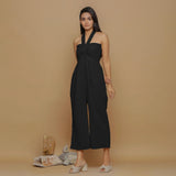 Black Crinkled Cotton Flax High-Rise Jumpsuit