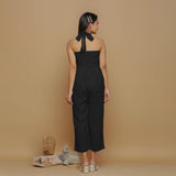 Black Crinkled Cotton Flax High-Rise Jumpsuit