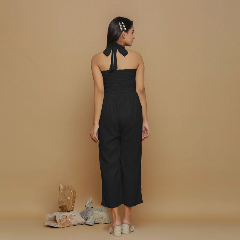 Black Crinkled Cotton Flax High-Rise Jumpsuit