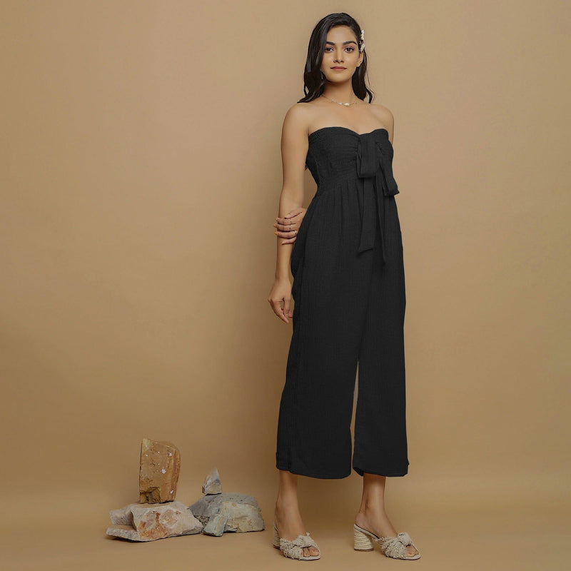 Black Crinkled Cotton Flax High-Rise Jumpsuit