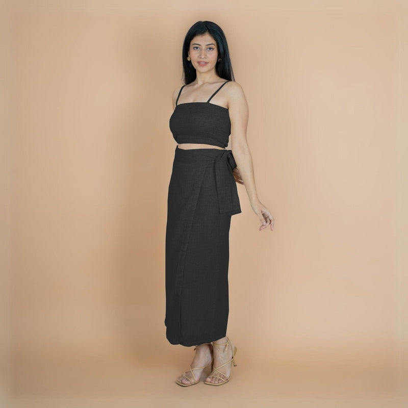 Black Crinkled Cotton Flax High-Rise Maxi Wrap Skirt