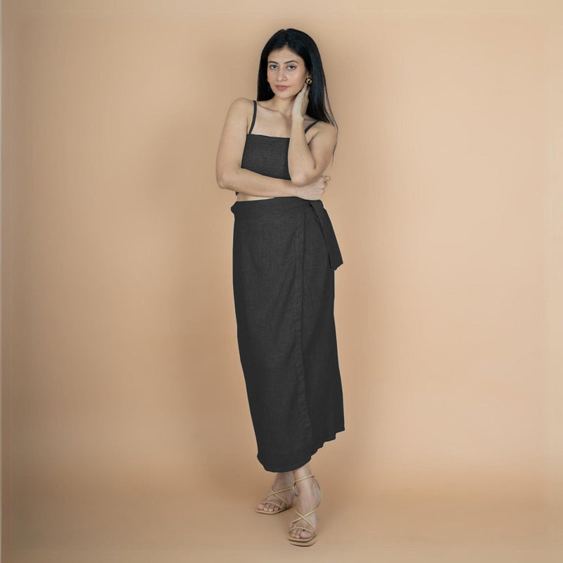 Black Crinkled Cotton Flax High-Rise Maxi Wrap Skirt